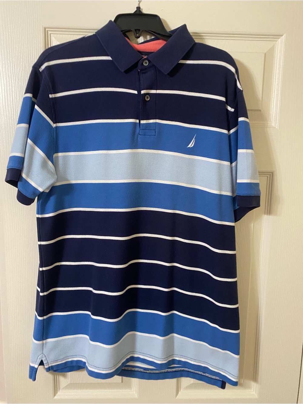 Nautica Men’s Navy and Light Blue Striped Polo